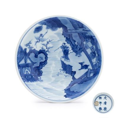 A Chinese blue and white 'Hai Wu Tian Chou 海屋添籌' shallow bowl, Kangxi mark and of the period