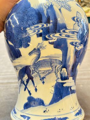 A Chinese blue and white 'He Lu Tong Chun 鶴鹿同春' vase and a wooden cover, Kangxi — 照片 9