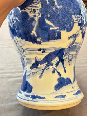 A Chinese blue and white 'He Lu Tong Chun 鶴鹿同春' vase and a wooden cover, Kangxi — 照片 10