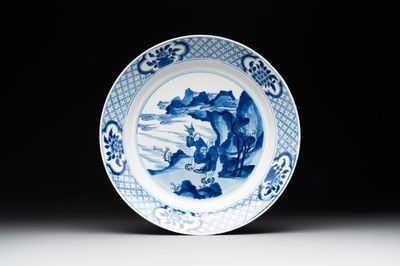 A Chinese blue and white 'Hehe Erxian' dish, Jiajing mark, Kangxi