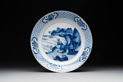 A Chinese blue and white 'Hehe Erxian' dish, Jiajing mark, Kangxi