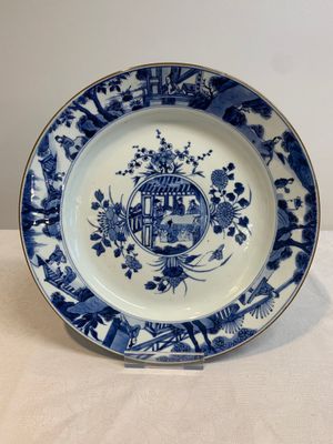 A Chinese blue and white 'heightened medallion' dish and a 'hunting' dish, Chenghua mark, Kangxi/Yongzheng — photo 2