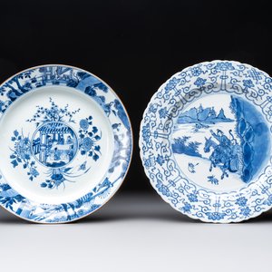 A Chinese blue and white 'heightened medallion' dish and a 'hunting' dish, Chenghua mark, Kangxi/Yongzheng — photo 1