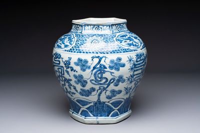 A Chinese blue and white hexagonal 'Three Friends of Winter' and 'shou 壽' vase, Wanli