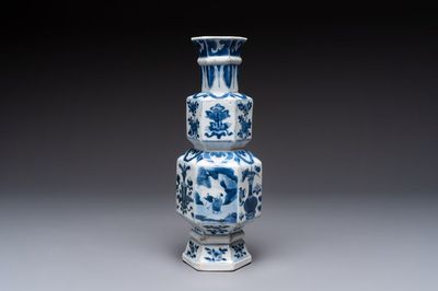 A Chinese blue and white hexagonal vase with figures and antiquities, Kangxi