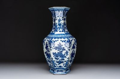 A Chinese blue and white hexagonal vase with floral design, Qianlong mark and of the period