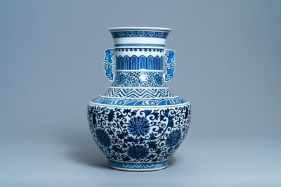 A Chinese blue and white 'hu' vase with lotus scrolls, 19th C.