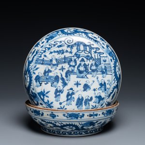 A Chinese blue and white 'hundred boys' box and cover, Wanli mark and of the period — 照片 1