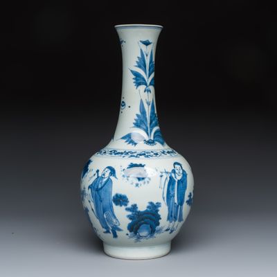 A Chinese blue and white 'Immortals' bottle vase, Transitional period