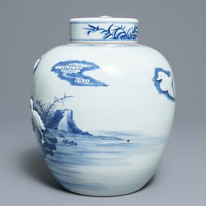 A Chinese blue and white jar and cover with applied design of ducks, Kangxi mark, 19th C. — photo 3