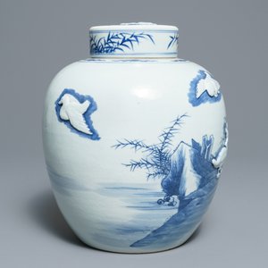 A Chinese blue and white jar and cover with applied design of ducks, Kangxi mark, 19th C. — photo 4