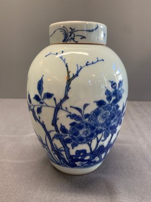A Chinese blue and white jar and cover with birds among flowering branches, Transitional period — photo 1