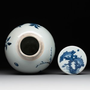 A Chinese blue and white jar and cover with birds among flowering branches, Transitional period — photo 5