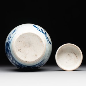 A Chinese blue and white jar and cover with birds among flowering branches, Transitional period — photo 6