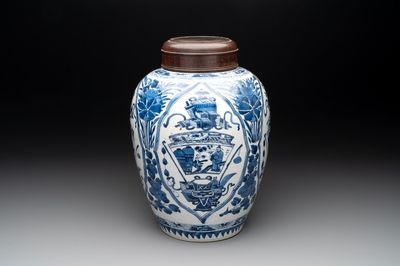 A Chinese blue and white jar and wooden cover, Kangxi