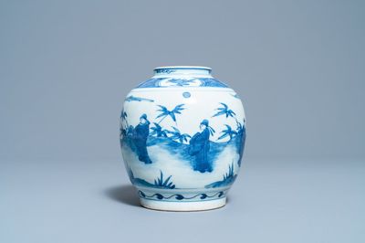 A Chinese blue and white jar with figures in a landscape, Wanli