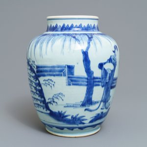 A Chinese blue and white jar with ladies in a garden, Transitional period — 照片 2