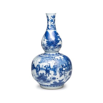 A Chinese blue and white 'Jia Guan Jin Jue 加官進爵' double-gourd vase, Transitional period