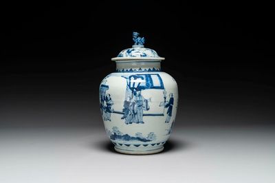 A Chinese blue and white 'Jia Guan Jin Jue 加官晉爵' vase and cover, Transitional period