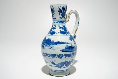 A Chinese blue and white jug with landscape design, Transitional period, Chongzhen