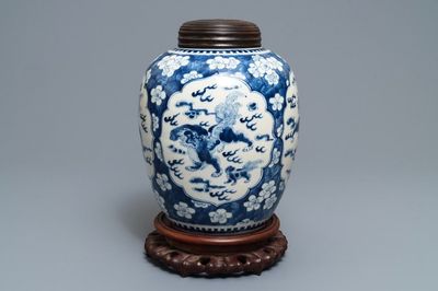 A Chinese blue and white Kangxi-style jar with Buddhist lions, 19th C.