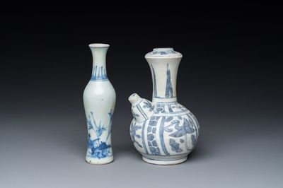 A Chinese blue and white kendi and a small vase, Hatcher Cargo, Transitional period