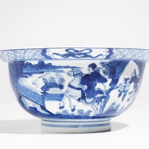 A Chinese blue and white klapmuts bowl with figural design, Chenghua mark, Kangxi — photo 1