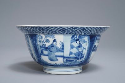 A Chinese blue and white klapmuts bowl with figural design, Kangxi mark and period