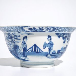 A Chinese blue and white klapmuts bowl with figural design, Xuande mark, Kangxi — 照片 3