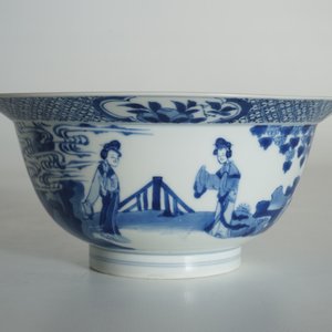 A Chinese blue and white klapmuts bowl with figural design, Xuande mark, Kangxi — 照片 8