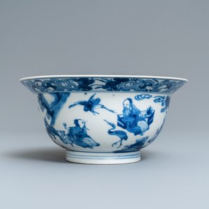 A Chinese blue and white klapmuts bowl with figures in a landscape, Kangxi mark and of the period — 照片 1
