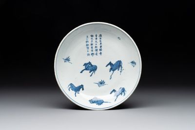 A Chinese blue and white ko-sometsuke 'horses and poem' plate for the Japanese market, Tianqi