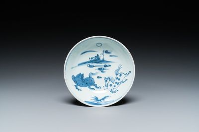 A Chinese blue and white ko-sometsuke 'piebald horses' saucer dish for the Japanese market, Tianqi/Chongzhen