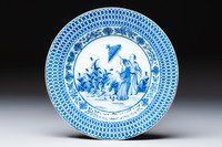 A Chinese blue and white 'La Dame au Parasol' plate after Cornelis Pronk, Qianlong