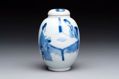 A Chinese blue and white 'ladies playing go' tea caddy and cover, Kangxi
