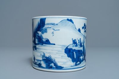 A Chinese blue and white 'landscape' brush pot, bitong, Kangxi