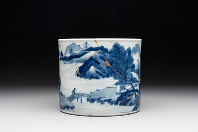 A Chinese blue and white 'landscape' brush pot, Kangxi