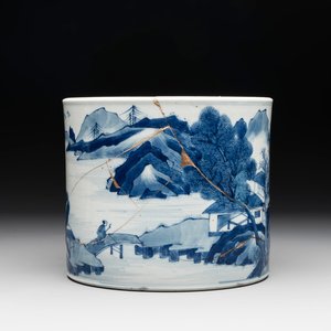 A Chinese blue and white 'landscape' brush pot, Kangxi — photo 1