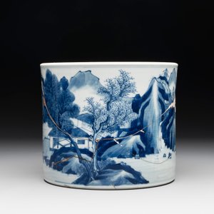 A Chinese blue and white 'landscape' brush pot, Kangxi — photo 2