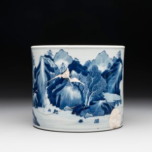 A Chinese blue and white 'landscape' brush pot, Kangxi — photo 3
