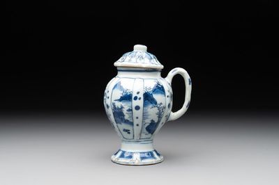 A Chinese blue and white 'landscape' mustard jar and cover, Transitional period