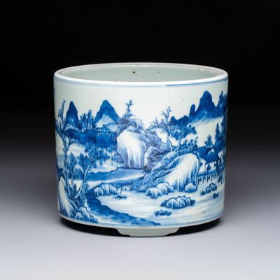 A Chinese blue and white 'Landscape' tripod censer, 20th C., 20th C.