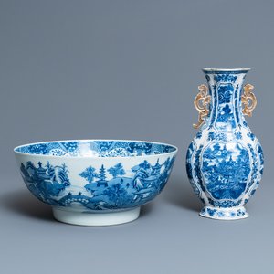 A Chinese blue and white 'landscape' vase and a large bowl, Qianlong — photo 1