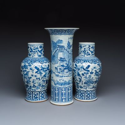 A Chinese blue and white 'Landscape' vase and a pair of 'Birds among Flowering Branches' vases, 19th C.