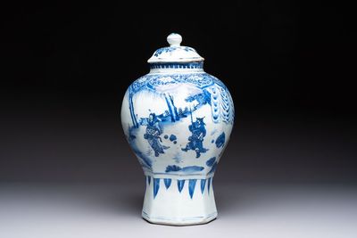 A Chinese blue and white 'Li Shimin 李世民 and Qin Qiong 秦瓊' vase and cover, Transitional period