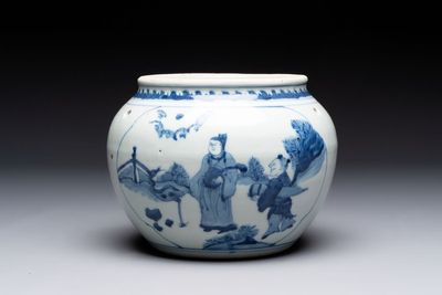 A Chinese blue and white 'Lian Sheng San Ji 連升三級‘ and 'Xie Qin Fang You 攜琴訪友' bowl, Transitional style