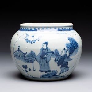 A Chinese blue and white 'Lian Sheng San Ji 連升三級‘ and 'Xie Qin Fang You 攜琴訪友' bowl, Transitional style — photo 1