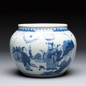 A Chinese blue and white 'Lian Sheng San Ji 連升三級‘ and 'Xie Qin Fang You 攜琴訪友' bowl, Transitional style — photo 3