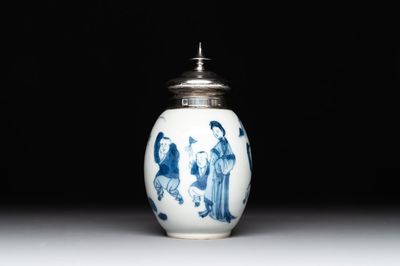 A Chinese blue and white 'Long Eliza and playing boys' tea caddy with silver mount and cover, Kangxi