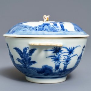 A Chinese blue and white 'Long Eliza' covered bowl on stand, Chenghua mark, Kangxi — 照片 8